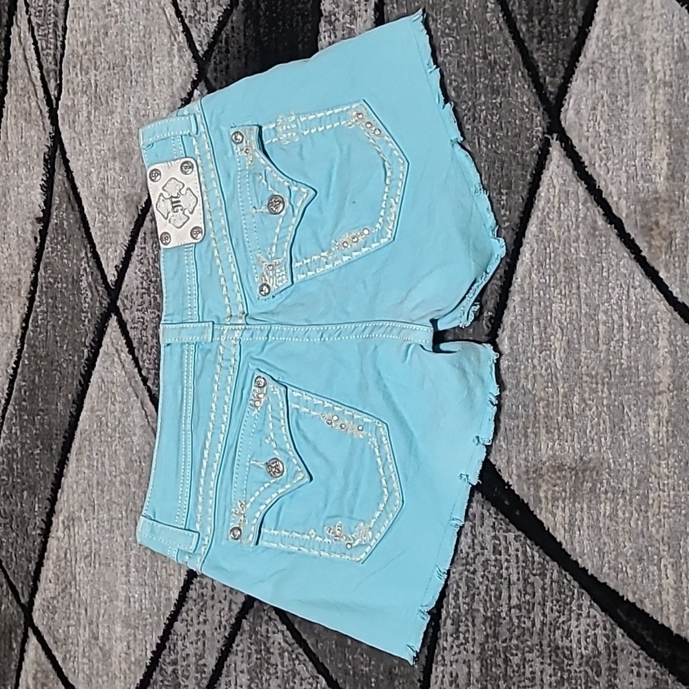 MISS ME AQUA RAW-HEM EMBROIDERED RHINESTONES DENIM JEAN SHORTS PRICE FIRM